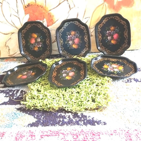 Restaurant TIPS Vtg Shabby England  Floral Decor BLACK Hang Candy Metal 6 Trays - Picture 2 of 16